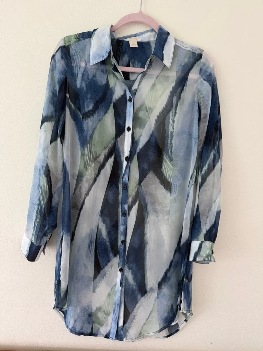 Chico's Blue and Green Abstract Button-Front Tunic Blouse - Picture 3 of 4
